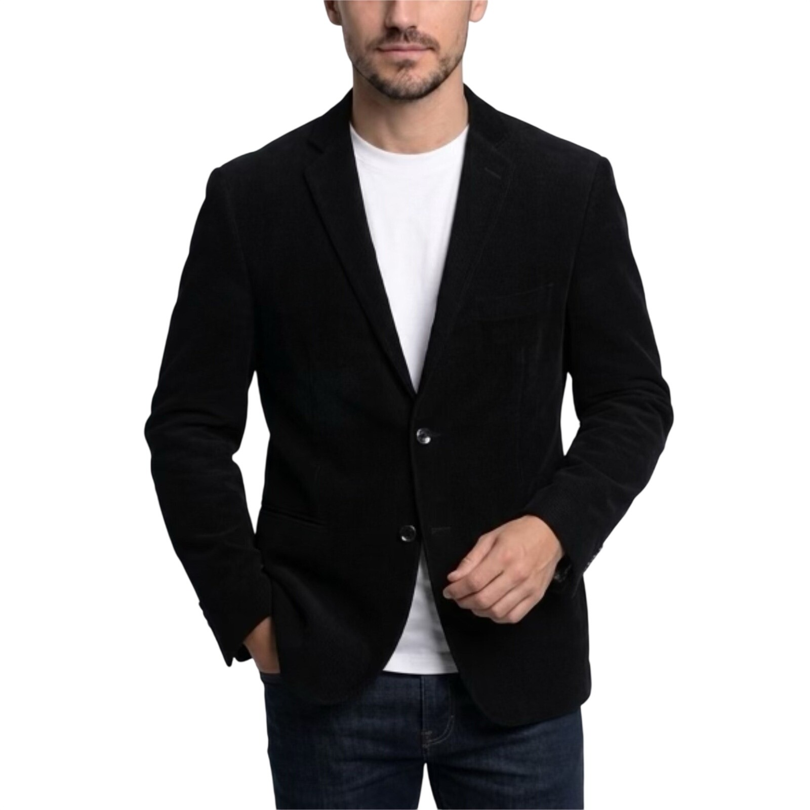 Adolfo Men Black Corduroy Blazer Two Button Paisley Lined Sport Coat Elbow Patch